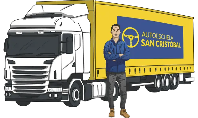 Hombre sonriente junto a un camión amarillo con logo de autoescuela. ¿Cuánto cuesta el carnet de trailer?