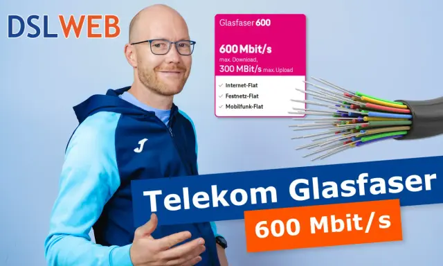 Mann mit Brille wirbt für Telekom Glasfaser 600 Mbit/s. Schnelles Internet für alle.