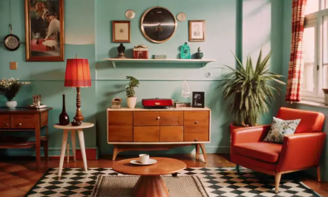 Salon w stylu retro inspiracje: pomarańczowy fotel, drewniana komoda, lampa i czarno-biała szachownica na podłodze.