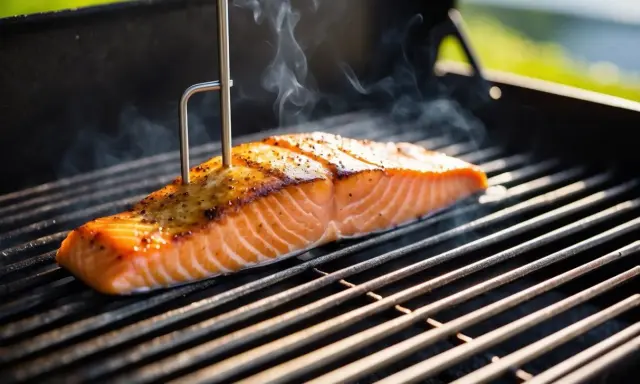 En saftig laxfilé grillas med en termometer instucken för att säkerställa perfekt innertemp lax. Röken stiger från den gyllene fisken.