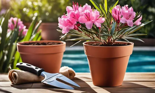Un magnifique laurier en pot, prêt à être planté, avec des fleurs roses éclatantes. Un outil de jardinage et un autre pot vide sont à proximité.