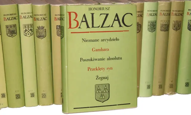 Książki z cyklu "Balzac. Komedia ludzka". Na okładce środkowego tomu tytuły: "Nieznane arcydzieło", "Gambara", "Poszukiwanie absolutu", "Przeklęty syn", "Żegnaj".