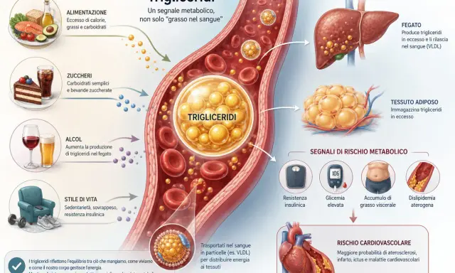 I trigliceridi alti, legati a dieta, alcol e stile di vita, possono portare a dislipidemia e rischio cardiovascolare, ma non direttamente a un tumore.