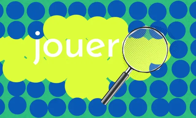 Loupe sur le mot "jouer", cherchant un synonyme. Fond vert à pois bleus.