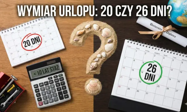 Kalendarz z zaznaczonymi 20 i 26 dniami urlopu, kalkulator stażu pracy i piasek z muszlami. Czy przysługuje Ci 26 dni urlopu?