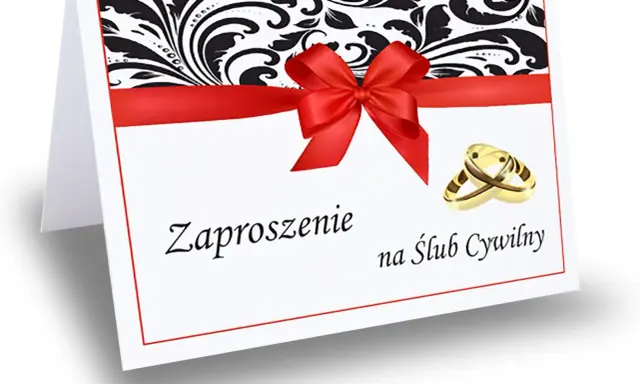 Eleganckie zaproszenie na ślub cywilny i obiad, ozdobione czerwoną wstążką, kokardą i złotymi obrączkami.