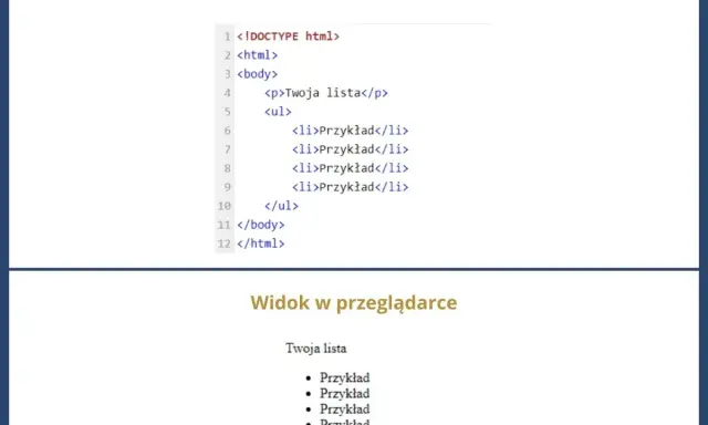 Kod HTML tworzący listę zagnieżdżoną z czterema elementami "Przykład". Widok w przeglądarce pokazuje tę listę.
