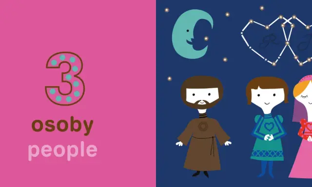Ilustracja z liczbą 3 i napisem "osoby people" po lewej, a po prawej postacie Romea i Julii pod konstelacjami w kształcie serc.