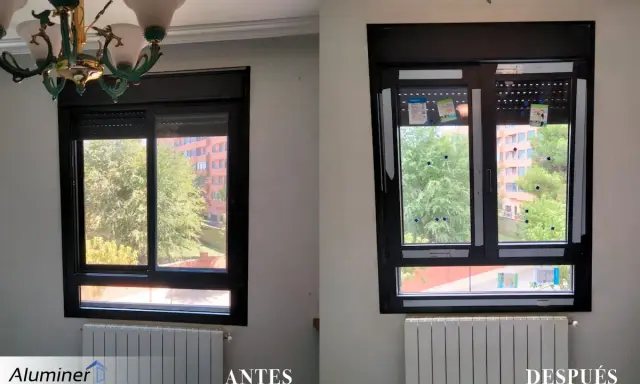 Comparativa de una ventana sin obra: antes y después. La nueva ventana mejora la estética y funcionalidad.