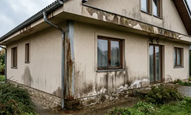 Brudne ślady po deszczu na elewacji, gdzie woda cieknie po ścianie, tworząc nieestetyczne zacieki.