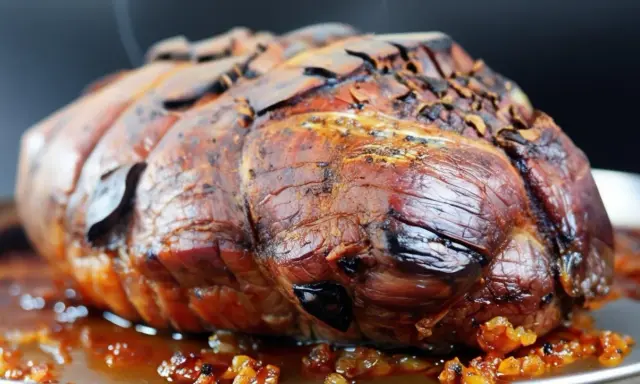 Un rôti de kintoa porc, doré et juteux, baignant dans sa sauce savoureuse. Un délice pour les papilles !
