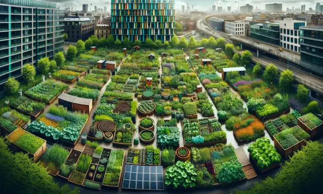 Grüne Oasen inmitten der Stadt: Ein lebendiges Beispiel für urbane Landwirtschaft mit Gemüsebeeten, Blumen und Solarpaneelen.