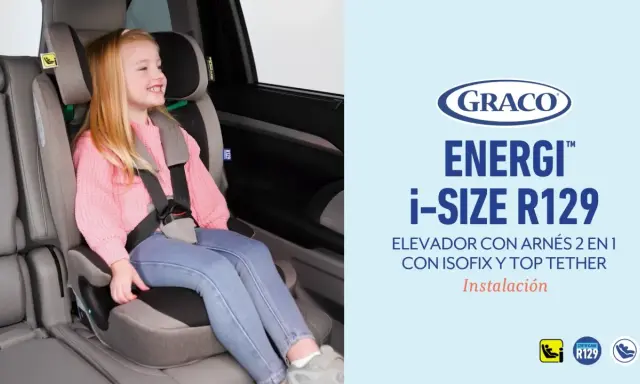 Niña sonriente en silla de coche Graco Energi i-Size R129. Instrucciones de instalación de la silla Jané Gravity.