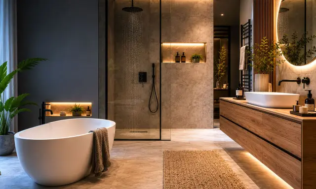 Bagno moderno con vasca freestanding, doccia a pioggia e mobile lavabo in legno. Idee per come arredare un bagno con stile e funzionalità.