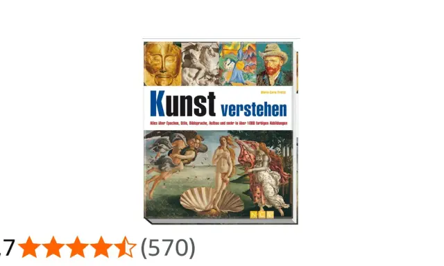 Buchcover "Kunst verstehen" mit verschiedenen Kunstwerken als Hintergrund. Enthält Botticellis Geburt der Venus.