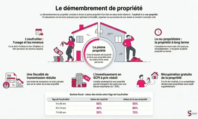 Schéma expliquant le démembrement de propriété, un exemple de sci familiale pour la succession. Il détaille l'usufruit, la nue-propriété et la pleine propriété.