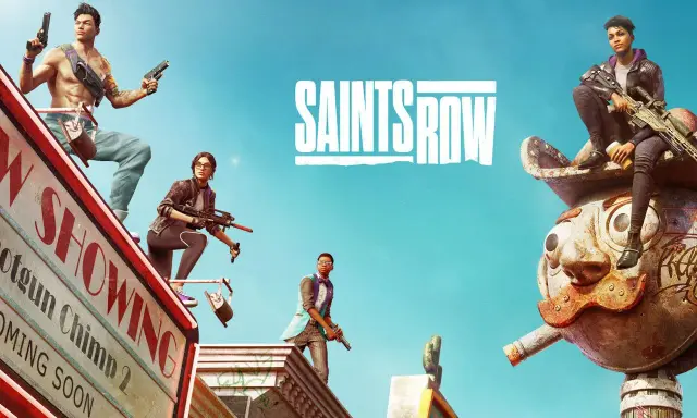 Postacie z gry Saints Row pozują z bronią na tle neonowego miasta.