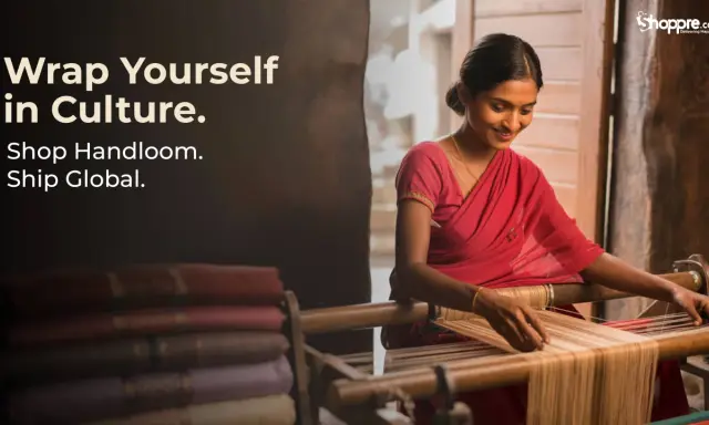 A woman in a red sari weaves on a loom, showcasing the rich tradition of handlooms of India. Stacked fabrics are visible.