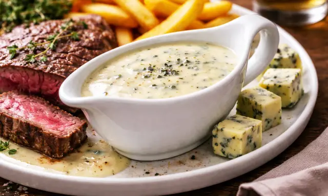 Steak juteux avec frites et une sauce au bleu crémeuse, parfaite pour accompagner.