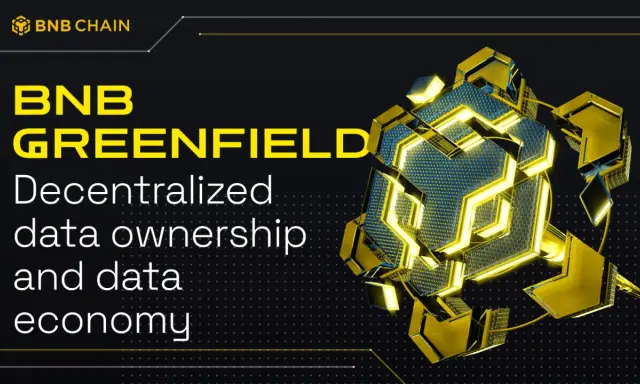 BNB Greenfield: zrewolucjonizowana decentralizacja danych i gospodarka danymi. Abstrakcyjny, geometryczny obiekt w kolorach żółtym i niebieskim.