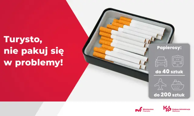 Popielniczka z papierosami i grafika z limitami ilości papierosów do przewozu.