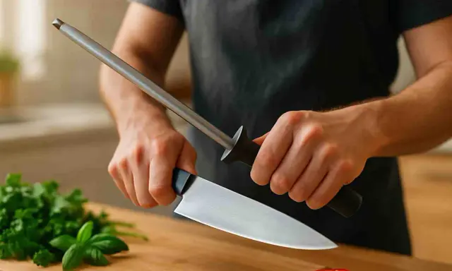 Persona afila un cuchillo con una chaira, preparándose para cortar hierbas frescas y un tomate en una tabla de madera.
