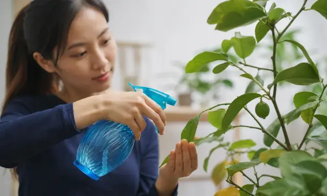 Une femme arrose son citronnier avec un vaporisateur. Elle prend soin de ses feuilles, comme si elle utilisait du savon noir pour le citronnier.