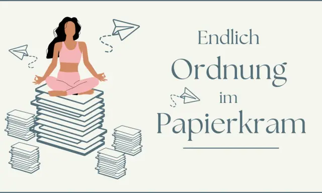 Frau meditiert auf Papierstapeln, um den Papierkram zu sortieren. Papierflugzeuge fliegen um sie herum.