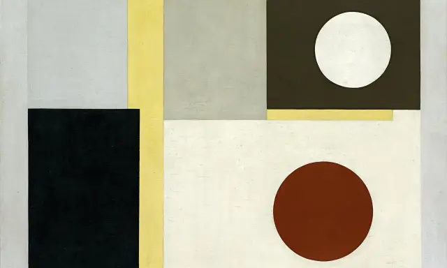 Abstract composition by Ben Nicholson featuring geometric shapes and circles in muted tones.
