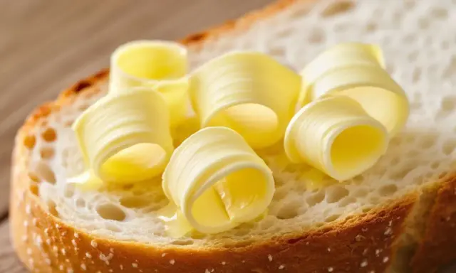 Ein Stück Brot mit aufgerollten Butterlocken. Die Butter schmilzt leicht und glänzt. Ein Genuss für den Gaumen, der an Kalium erinnert.