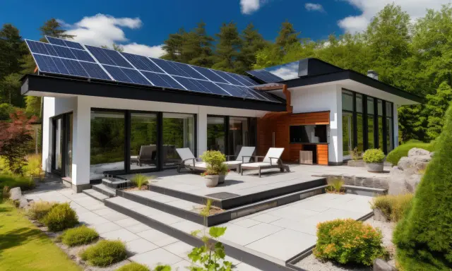 Une maison basse consommation avec des panneaux solaires sur le toit, une terrasse moderne et un jardin verdoyant.