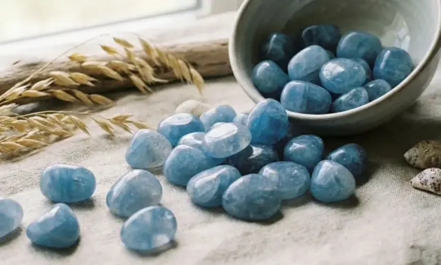 Tumbled quarzo blu, con il suo significato di calma e chiarezza, sparge serenità su un tessuto grezzo, accanto a spighe di grano e conchiglie.