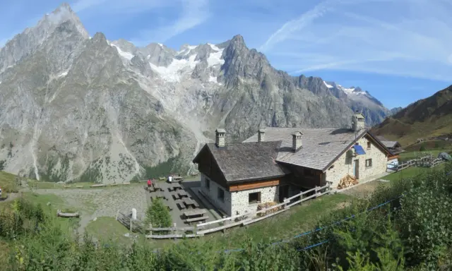 Rifugi in Piemonte facili da raggiungere, con vista su imponenti montagne innevate. Un luogo ideale per una pausa rilassante.