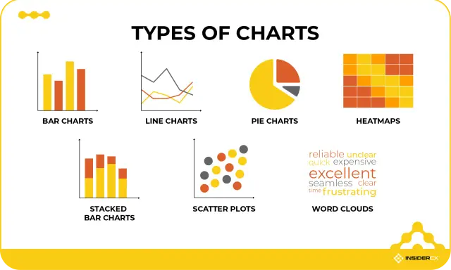 Diversi tipi di grafici: a barre, a linee, a torta, a dispersione, a blocchi e word clouds.