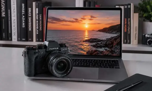 Fujifilm X-T3 accanto a un laptop con tramonto sul mare. Libri di fotografia sullo sfondo.