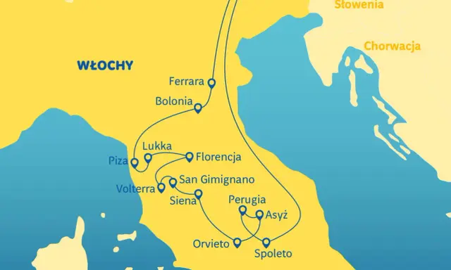 Mapa Włoch z zaznaczonymi miastami: Ferrara, Bolonia, Lukka, Florencja, Piza, Siena, Perugia, Asyż, Orvieto, Spoleto. Emilia Romagna widoczna na mapie.