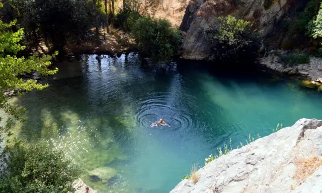 Ein Mann schwimmt im türkisfarbenen Wasser der Cueva del Gato, umgeben von Felsen und üppiger Vegetation.
