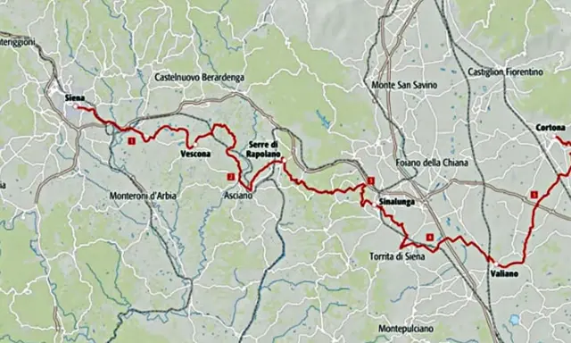 Mappa del percorso Via Lauretana Toscana, con tappe da Siena a Cortona, passando per Asciano e Sinalunga.
