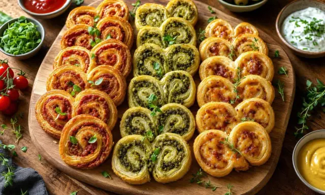 Plateau de feuilletés en forme de cœur, parfaits pour un apéro. Des palmiers à la tomate, au pesto et au fromage.