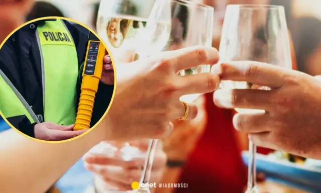 Policjant z alkomatem w dłoni, obok toast wznoszony kieliszkami. Jeden drink może zmienić wszystko.