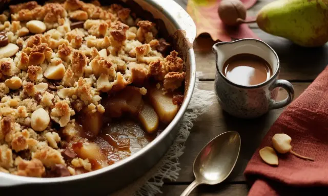 Un délicieux crumble poire chocolat, garni de noix et de morceaux de chocolat, prêt à être dégusté avec une sauce au caramel.