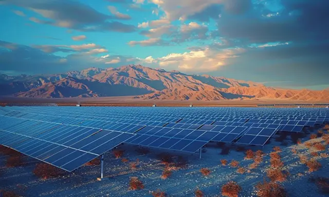 Vaste champ de panneaux solaires dans un paysage désertique, avec des montagnes en arrière-plan. Un panneau solaire hydraulique capte l'énergie du soleil.