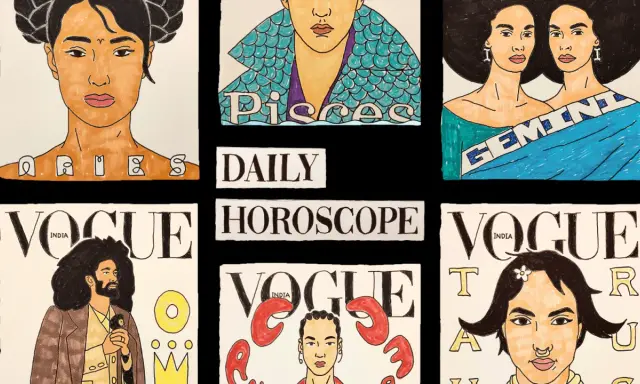 Ilustracje zodiakalnych okładek Vogue, w tym bliźniąt, z napisem "Daily Horoscope".