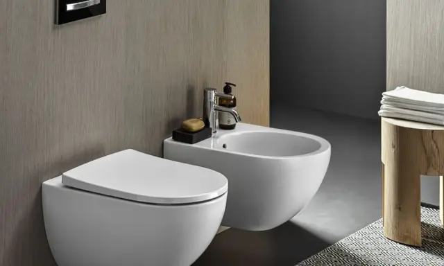 Nowoczesna łazienka z miską WC i bidetem. Bidet służy do higieny intymnej po skorzystaniu z toalety.