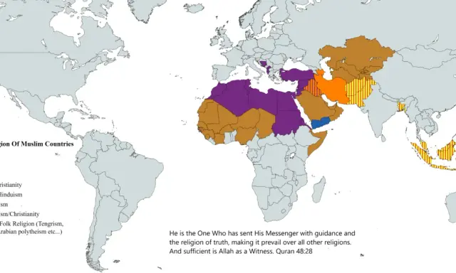 Weltkarte zeigt Mehrheitsreligionen in muslimischen Ländern vor dem Islam. Arabische Länder vorwiegend mit indigener Religion oder Christentum.