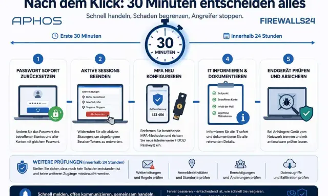 Schritte nach einem Klick, der auf Phishing bedeuten könnte: Passwort ändern, Sessions beenden, MFA neu konfigurieren, IT informieren, Endgerät prüfen. Schnelles Handeln ist entscheidend.