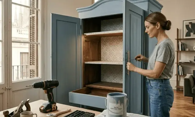 Mujer renovando un armario de madera, lista para pintar. Herramientas y pintura azul grisáceo a mano.