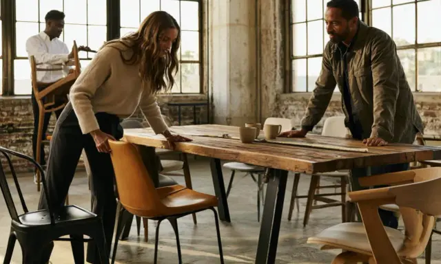 Trois personnes arrangent des chaises autour d'une grande table en bois brut. Quelles chaises avec table industrielle, le tout dans un loft lumineux.