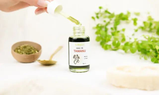 Goutte d'huile de tamanu tombant d'une pipette dans un flacon. Le produit est naturel, mais il faut connaître les effets secondaires de l'huile de tamanu.