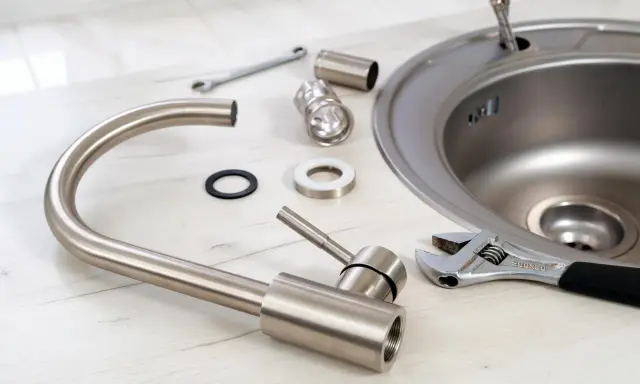 Partes de un fregadero y herramientas listas para su instalación. Llave inglesa, grifo desmontado y el propio fregadero de acero inoxidable.